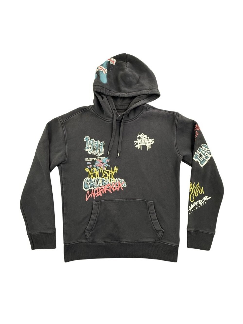 Hollister Hoodie Mens Medium Black Graffiti LA New York Fleece Sweatshirt Spell